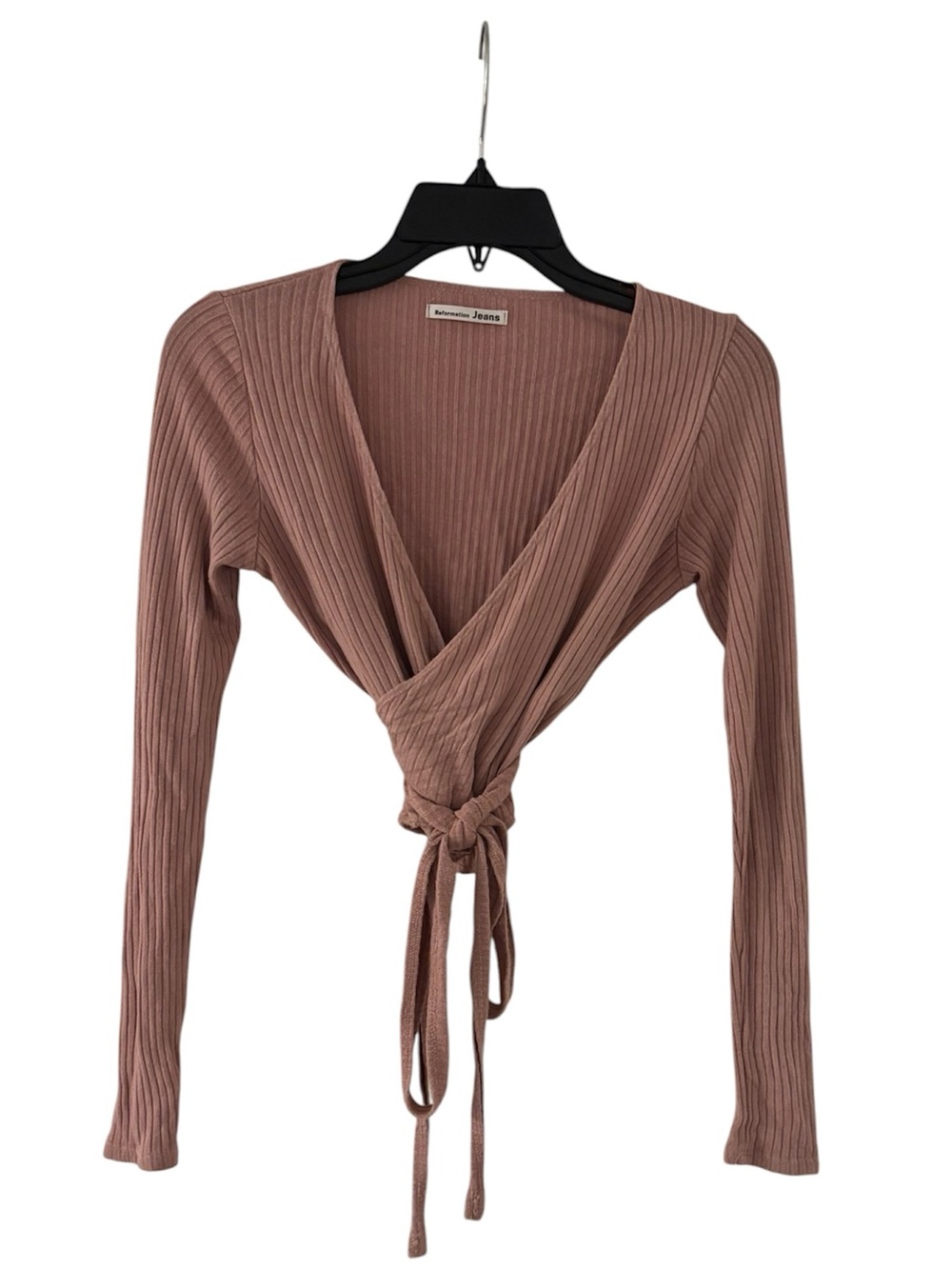 REFORMATION Mauve Ribbed Wrap Tie-Front Long Sleeve Top